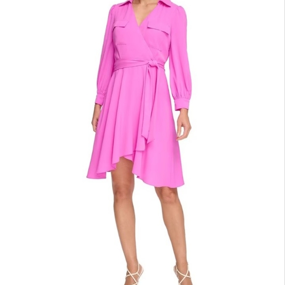 DKNY Pink Women's Long Sleeve Collar Solid Fit and Flare Dress with Pockets - Picture 1 of 5
